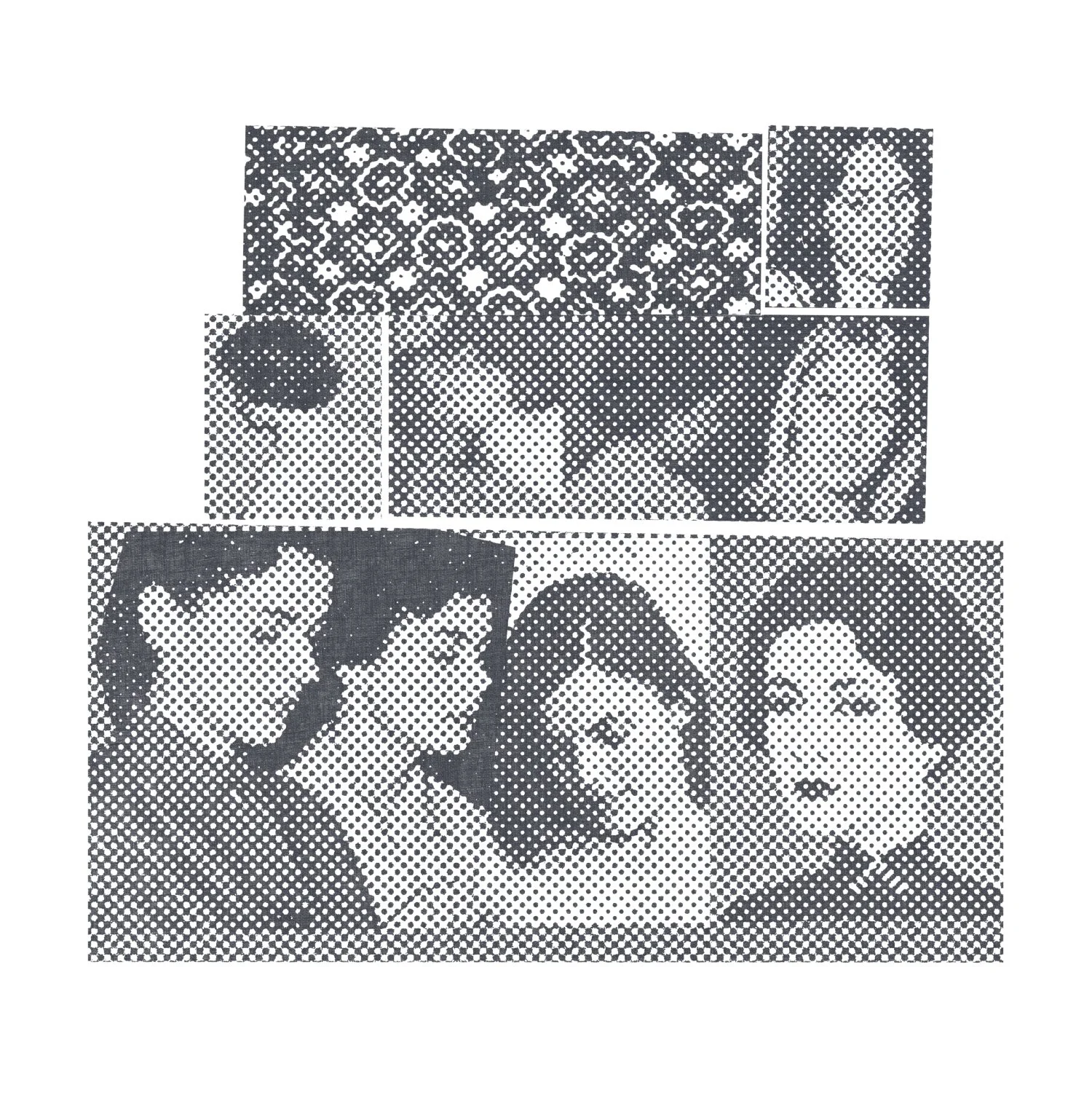 A monochromatic, photo-based drawing of nine women collaged together with a panel of patterned fabric at the top.