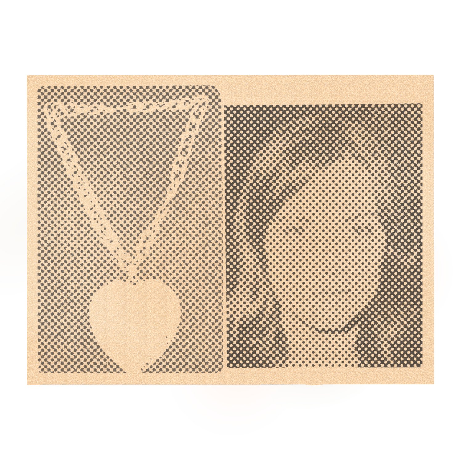 Close-up photo-based drawing of a woman's face juxtaposed with a tightly cropped necklace. Rendered in tones of yellow and grey in coarse halftone dot patterns.