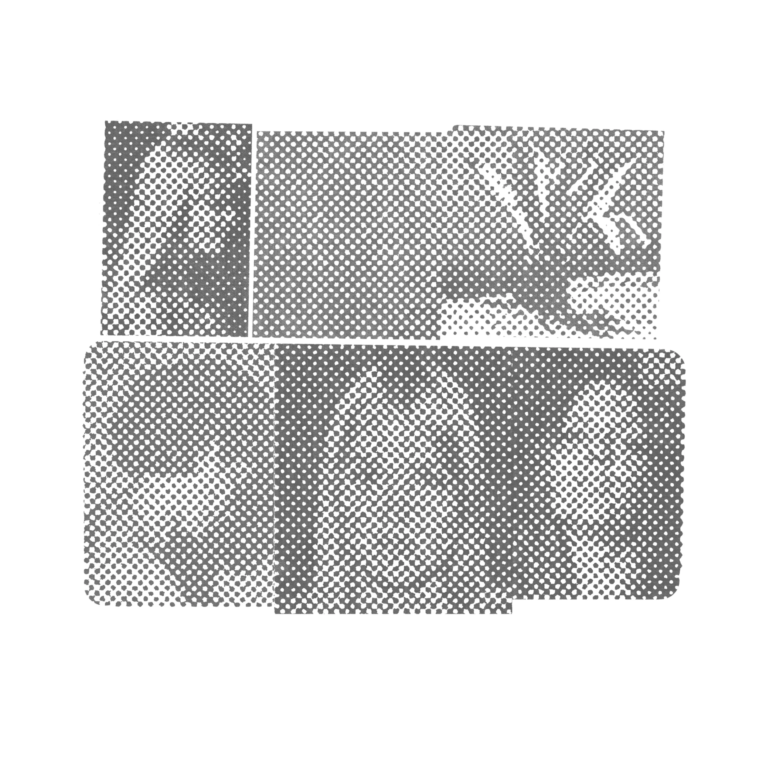 A black-and-white halftone drawing of various portraits of young women, tightly cropped and loosely collaged together.