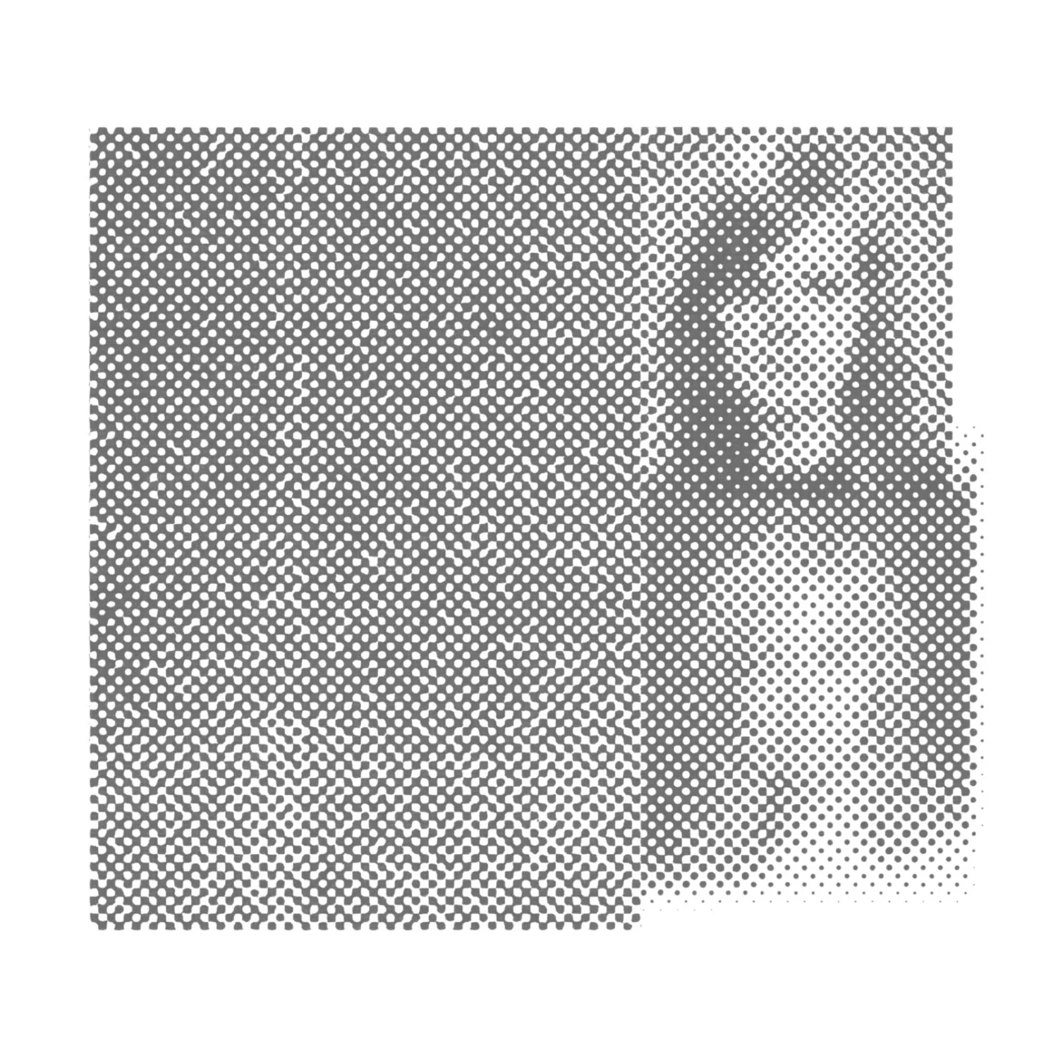 Photo-based graphite drawing composed of coarse halftone dot patterns and featuring two women and a blank abstract panel.