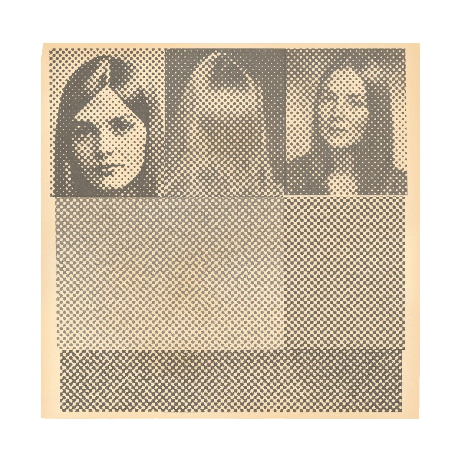 An austere mixed-media drawing rendered in yellow and grey tones of three women, with different hairstyles and expressions. 