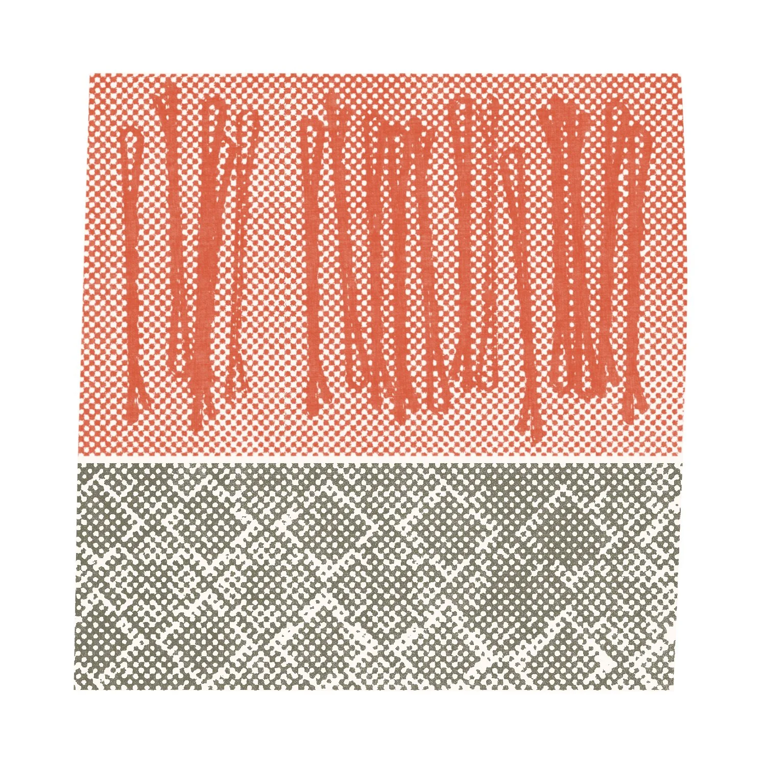 Composite coloured pencil drawing of Bobby Pins and a patterned textile panel rendered in orange and olive green tones