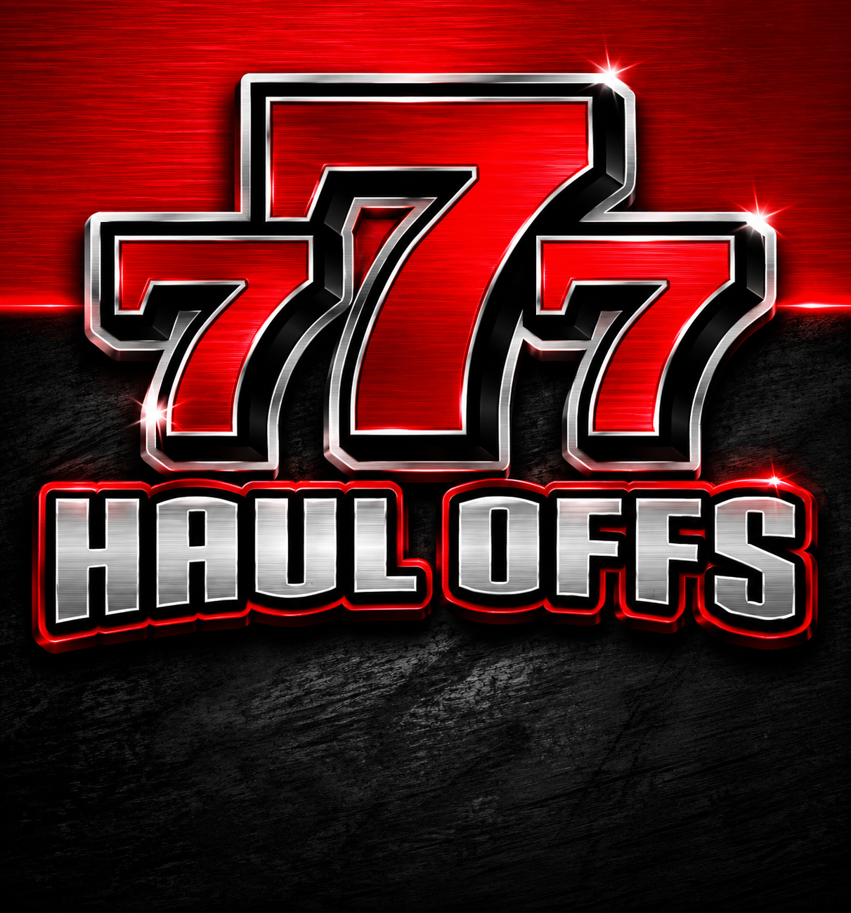 Neon sign with three red and black sevens and the words 'Haul Offs' in metallic letters, set against a dark textured background.