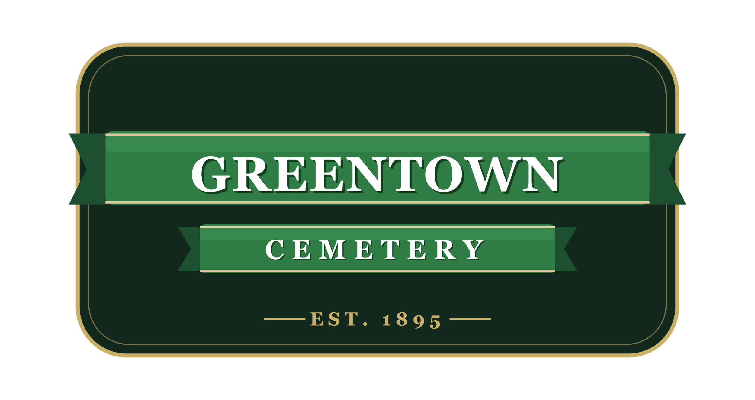 Green historic cemetery sign with gold and pink borders, reading 'Greenown Cemetery' and 'Est. 1895'.