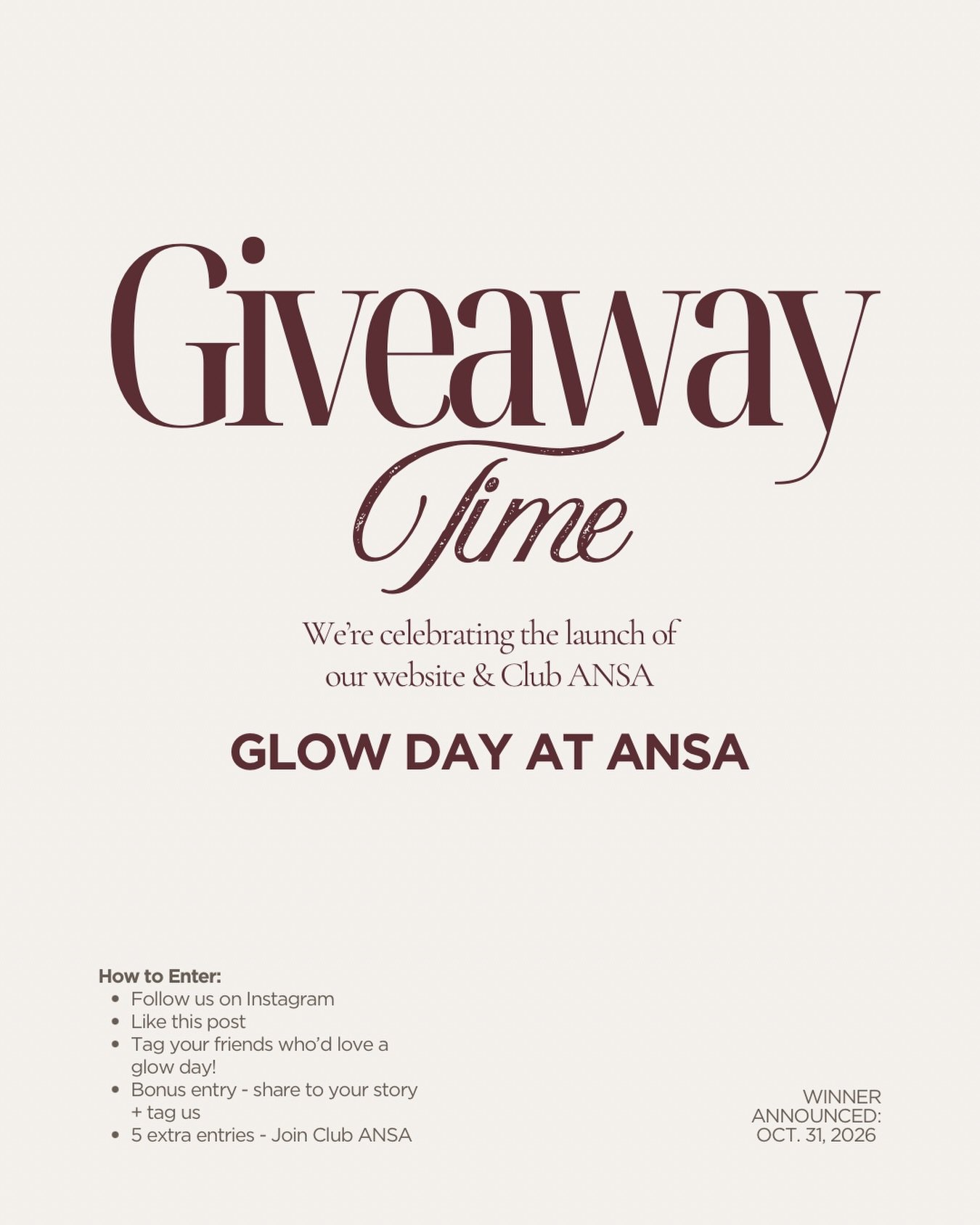 To celebrate the launch of our new website + Club ANSA, I&rsquo;m giving away the ultimate skin experience ✨

GLOW DAY AT ANSA 🤍
A full luxury-clinical treatment day including:
✨ Consultation
✨ BioRePeel &mdash; the green, no-downtime glow peel
✨ 60
