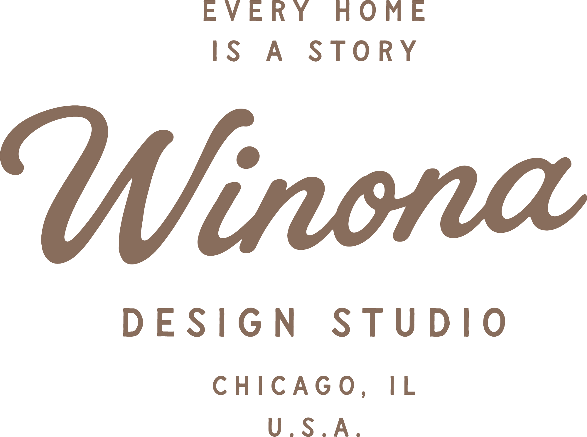 Text reading "Every home is a story" with a logo for Wilcona Design Studio in Chicago, Illinois, USA."