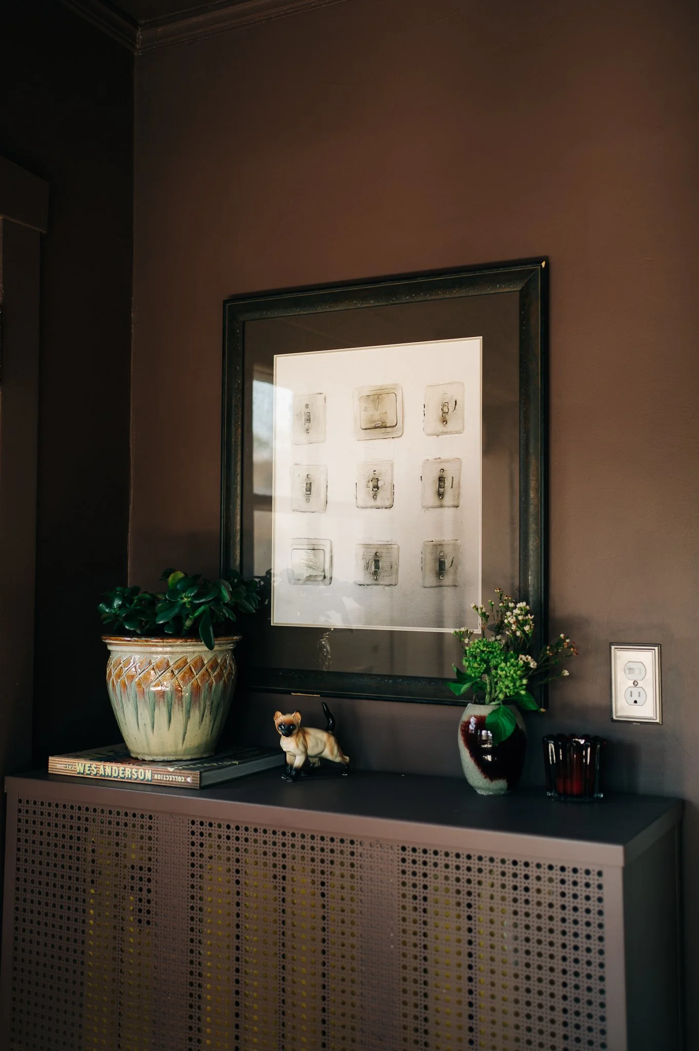 Decorative shelf with potted plants, a ceramic cat figurine, a stack of books, and a framed mirror on a dark wall, with electrical outlets nearby.