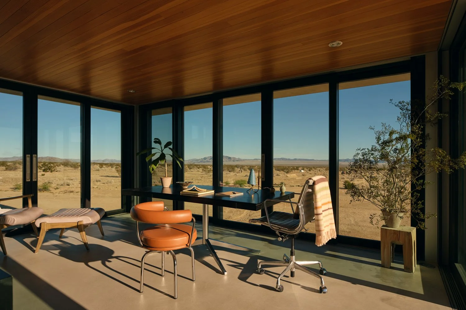 Modern office with large glass windows in a desert landscape, featuring a black desk, two potted plants, a leather swivel chair with a blanket, a tan lounge chair with a cushion, and a small wooden side table.