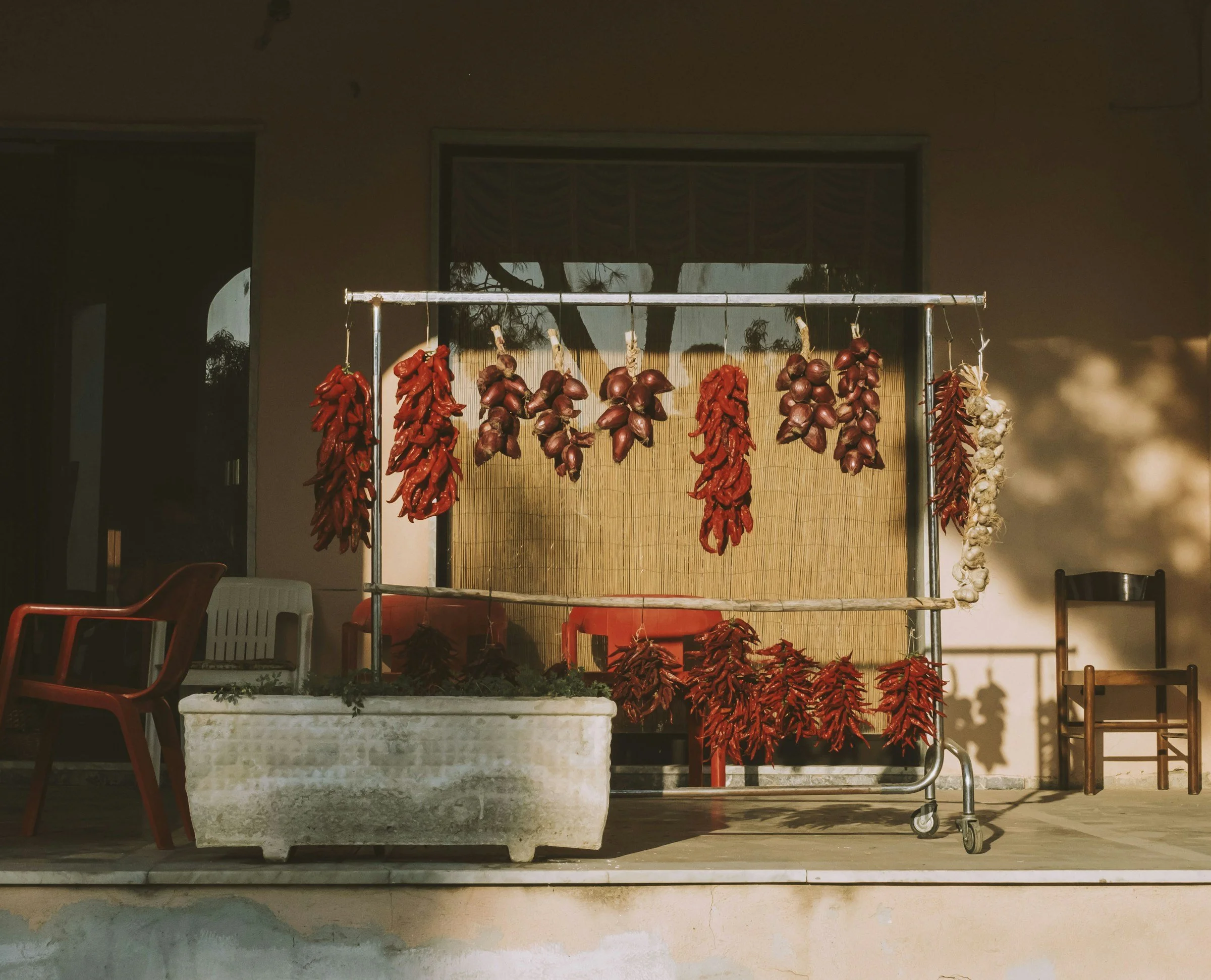 Strings of dried red peppers displayed in a traditional setting, reflecting culinary heritage, food traditions, and cultural storytelling.