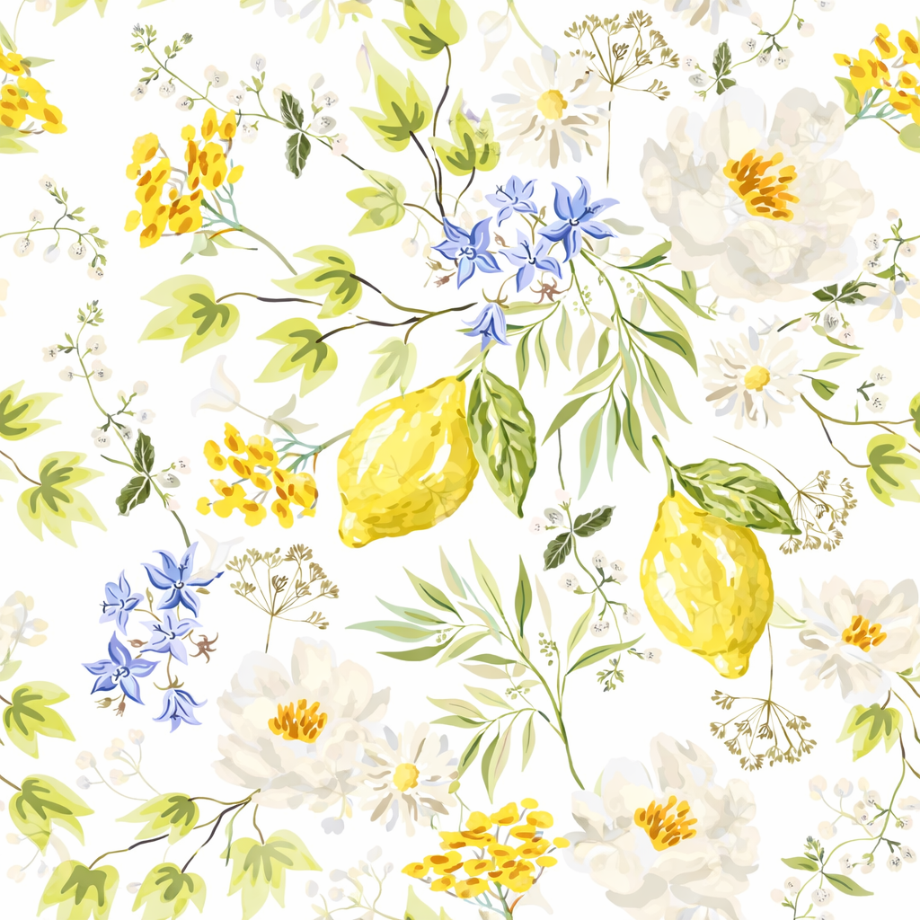 Pattern of yellow lemons, white flowers, green leaves, and blue flowers on a white background.