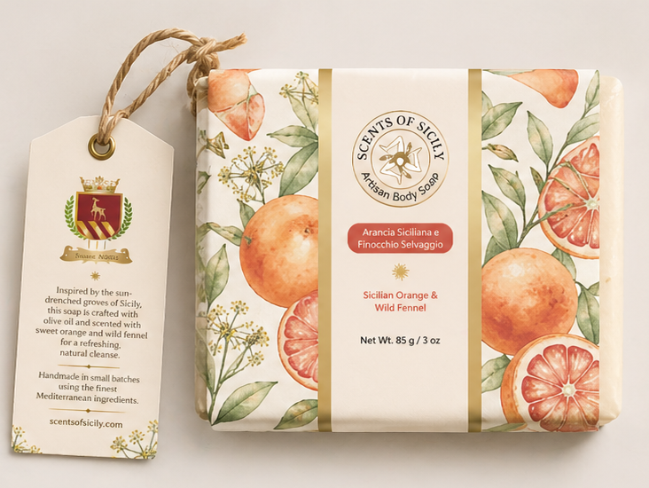 Scents of Sicily artisan soap inspired by Sicilian citrus, botanicals, and Mediterranean heritage.