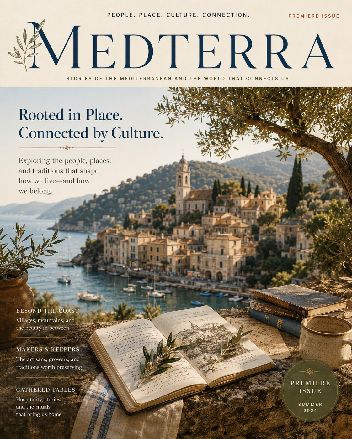 Medterra magazine concept featuring a Mediterranean coastal village and the theme “Rooted in Place. Connected by Culture