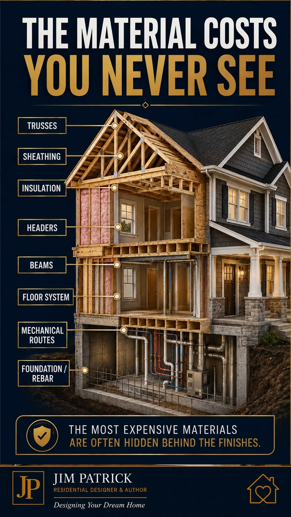 Cutaway home showing hidden building materials and systems, including roof trusses, sheathing, insulation, headers, beams, floor framing, mechanical routes, foundation, and reinforcing steel.