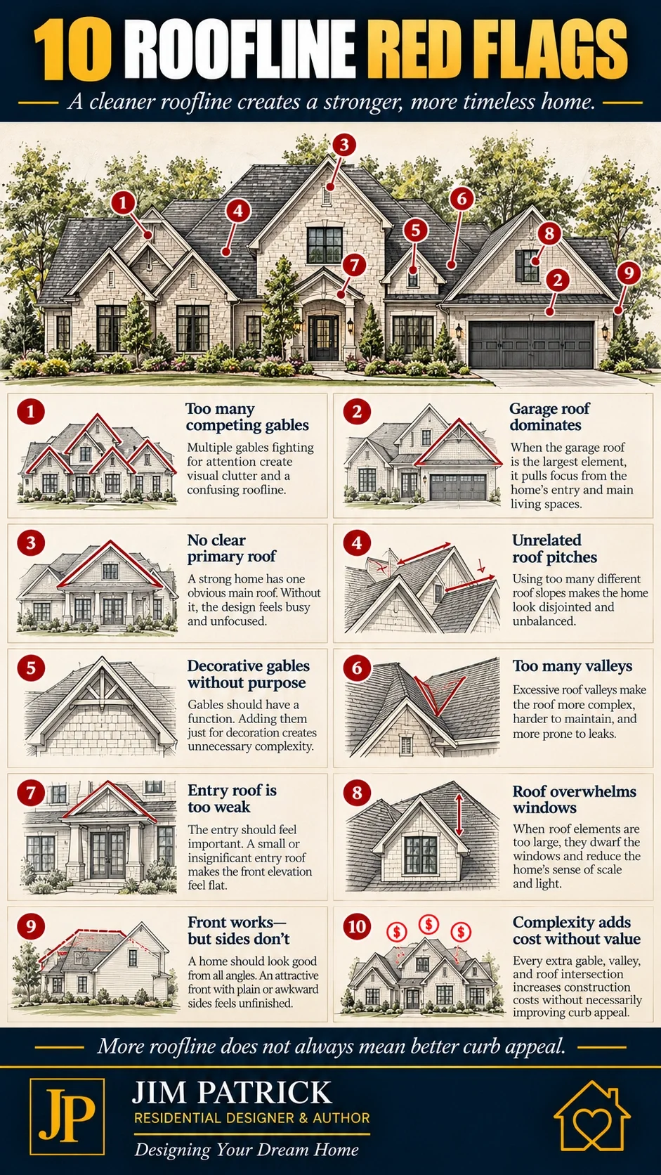 Roofline design infographic showing ten exterior design mistakes involving competing gables, garage dominance, roof pitch, valleys, entry scale and unnecessary complexity.