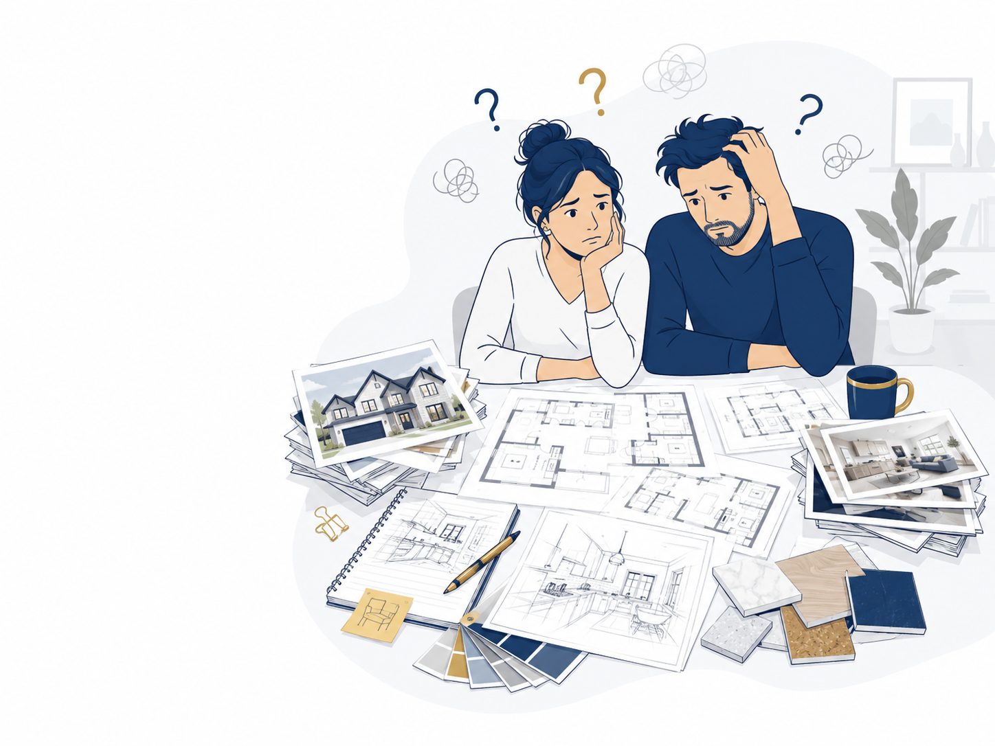 A man and woman sit at a table covered with architectural blueprints, photos of a house and interior, and samples of flooring and materials, looking confused with question marks above their heads.