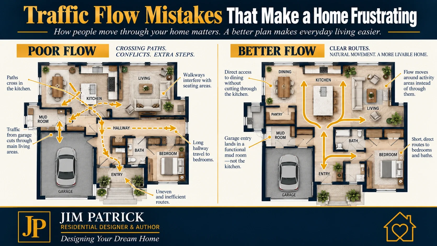 Good versus bad floor plan traffic flow comparison showing crossing circulation routes versus direct paths around kitchen and living areas.