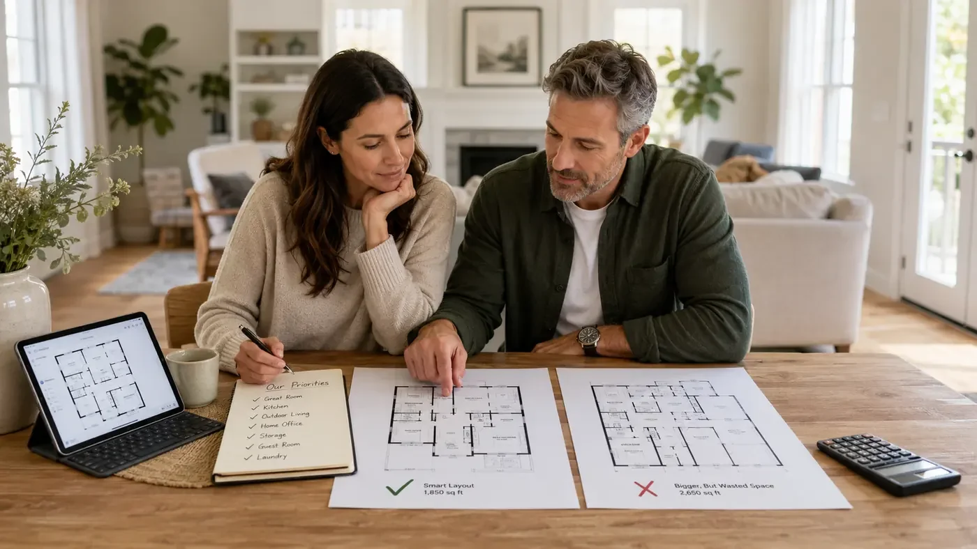 Couple comparing a smart 1,850 square foot home layout with a larger wasted-space floor plan while reviewing priorities, plans, and a calculator.