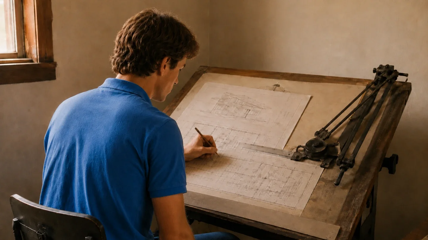 Young Jim Patrick sits at an angled drafting table, drawing a home plan by hand with a mechanical drafting arm in a small, simple room.