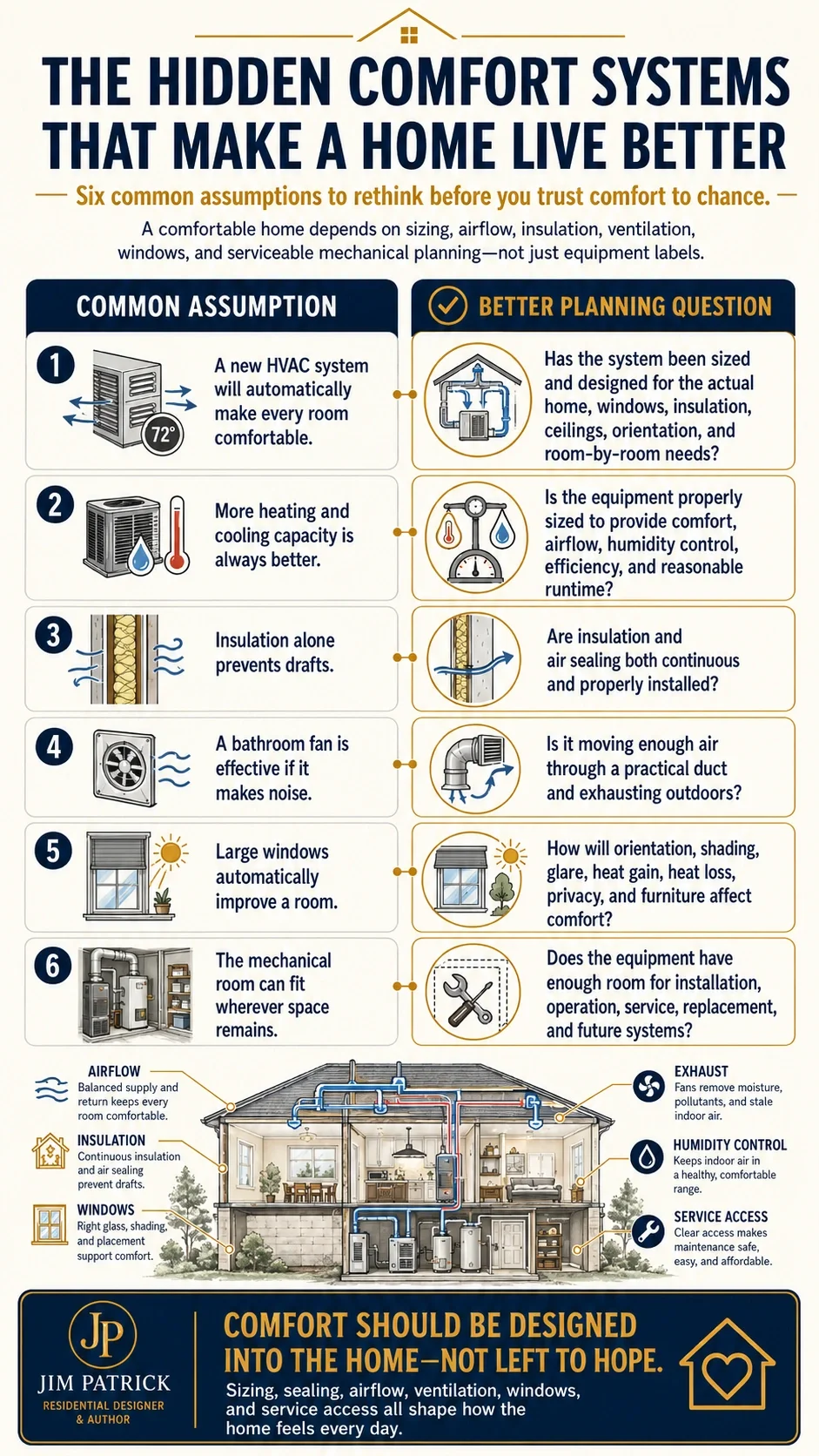 Infographic comparing six common assumptions about home comfort systems with better planning questions about HVAC sizing, airflow, insulation, ventilation, windows, humidity control, and mechanical-room access.