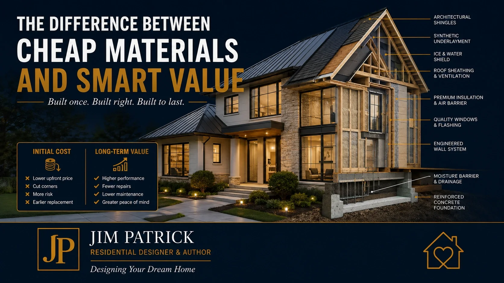Finished home and building-system cutaway illustrating the difference between initial building material cost and long-term material value.