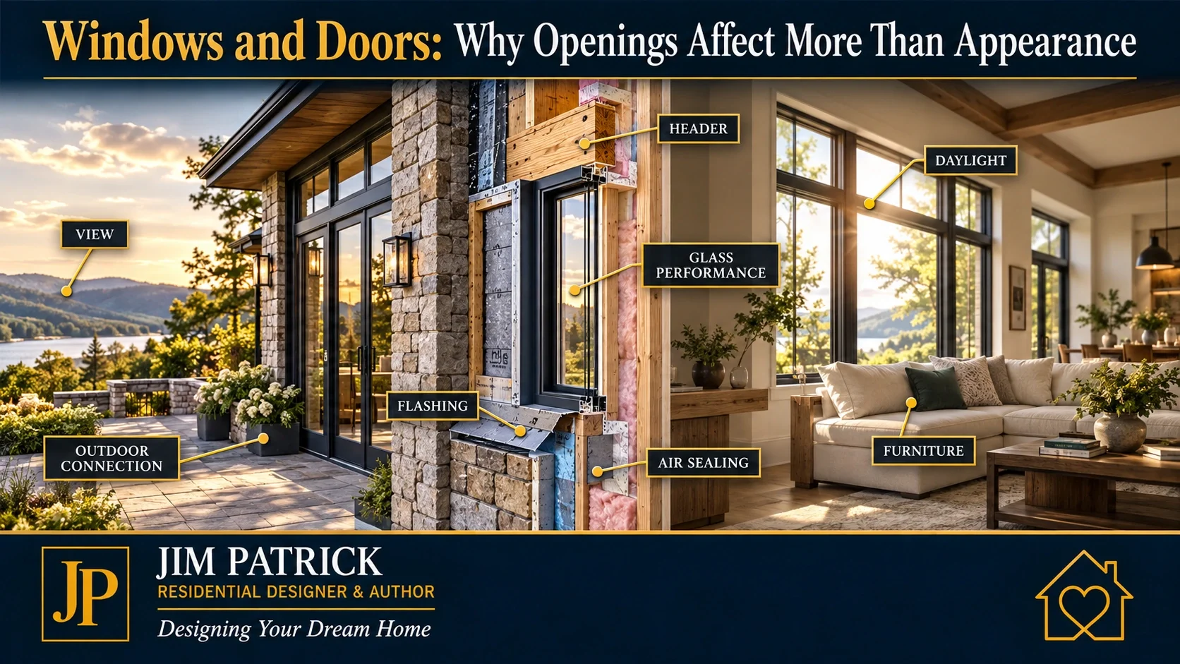Residential window and door diagram showing how openings affect views, daylight, structural headers, flashing, air sealing, furniture and outdoor living.