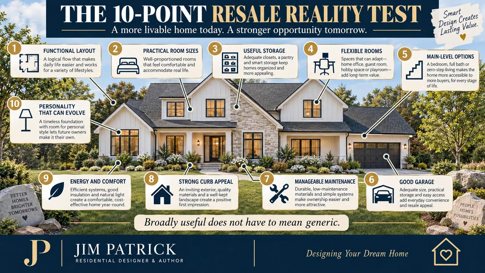 Ten-point resale home design test covering functional layout, storage, flexible rooms, accessibility, garage, maintenance, curb appeal and personal style.