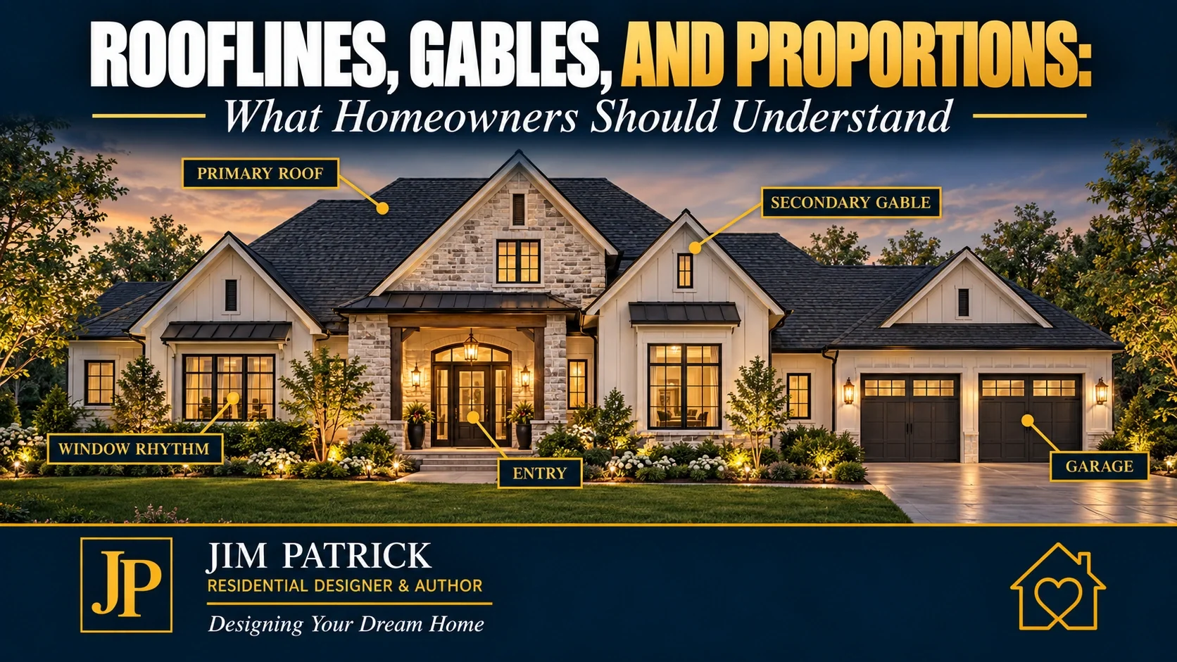 Residential front elevation illustrating primary roofline, secondary gables, front entry, garage and balanced exterior proportions.