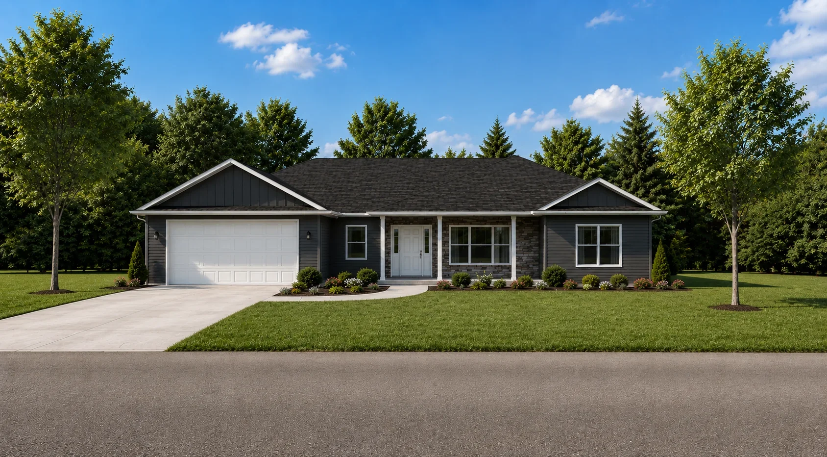 Realistic AI-assisted rendering of a small ranch-style home currently being designed by Jim Patrick, showing how modern home renderings can now closely resemble finished residential photography.