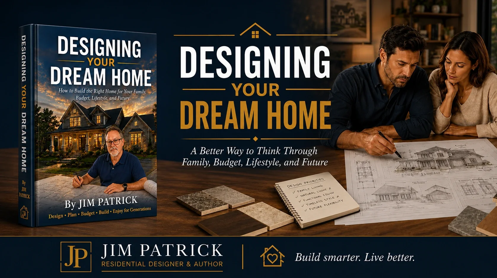 3D hardcover edition of Designing Your Dream Home beside a couple reviewing custom home plans, with Jim Patrick’s residential design and author branding.
