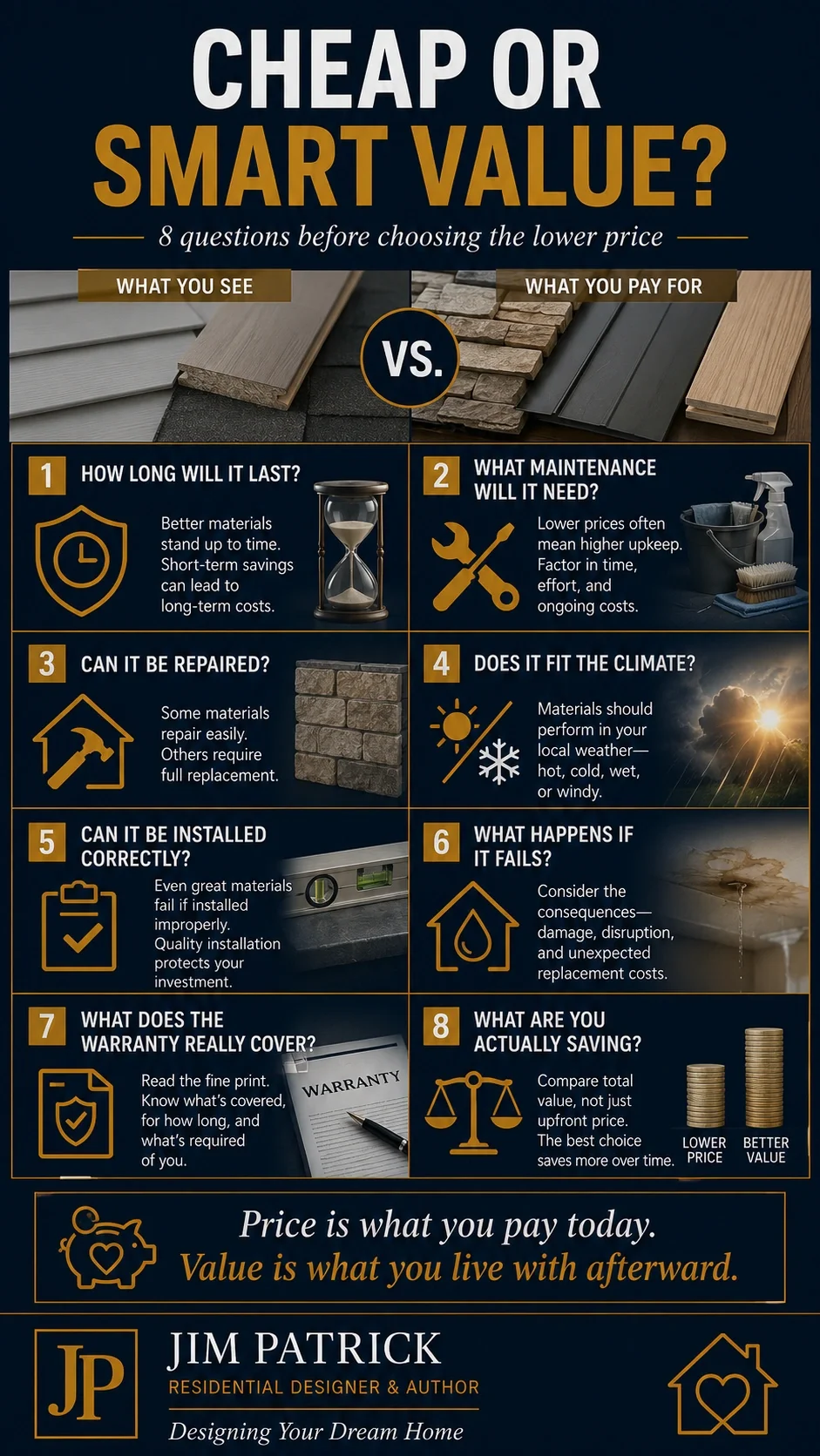 Building material value infographic comparing price, durability, maintenance, repairability, climate suitability, installation and long-term ownership cost.