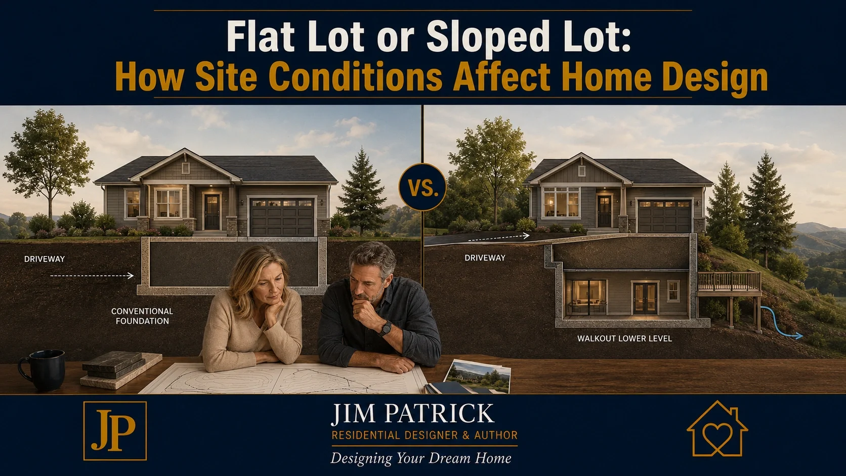 Architectural comparison of a home designed for a flat building lot versus a sloped lot with a walkout basement.