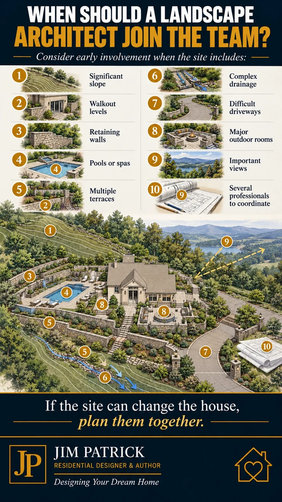 Landscape architect planning infographic showing ten site conditions including slope, walkout levels, retaining walls, pools, drainage, driveways and outdoor rooms.