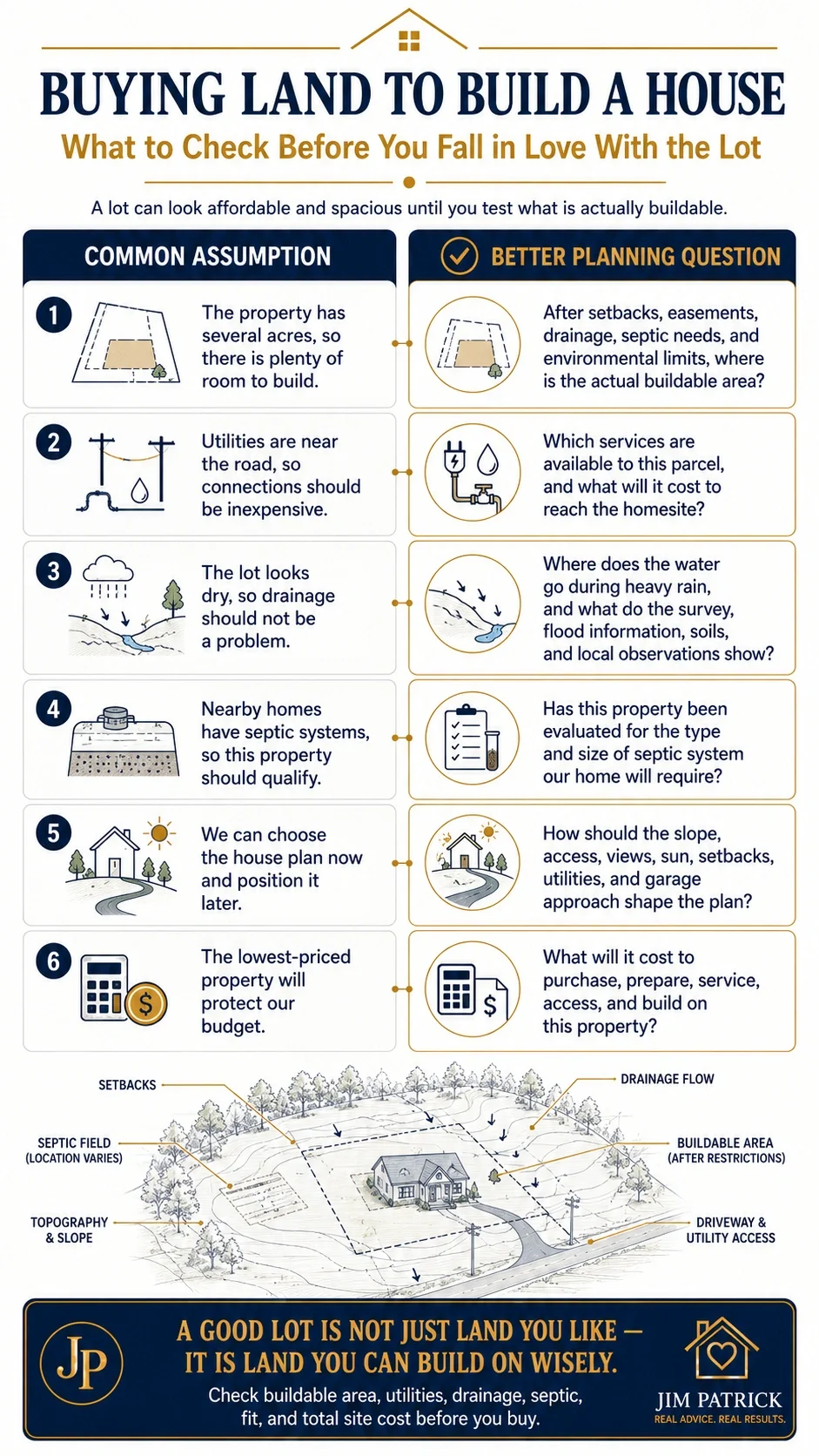 Infographic comparing six common assumptions about buying land to build a house with better planning questions about buildable area, utilities, drainage, septic, house placement, and total site cost.