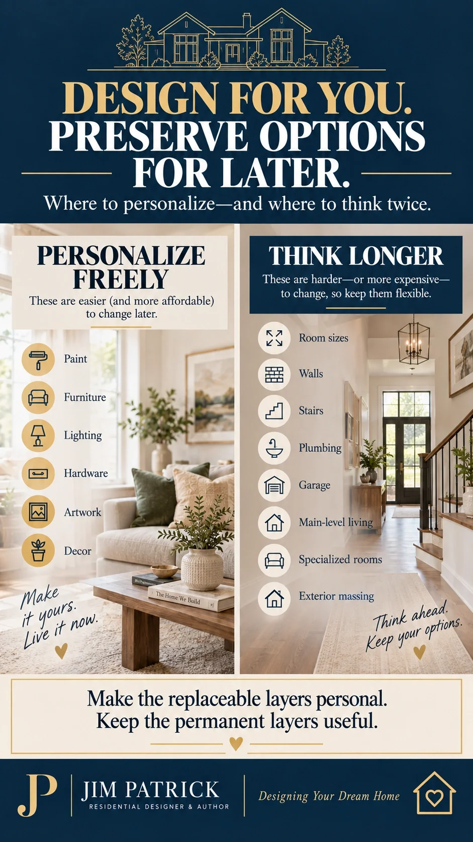 Resale home design infographic showing where homeowners can personalize finishes freely and where permanent design decisions should preserve flexibility.