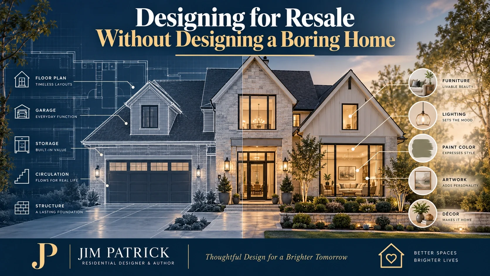 Distinctive residential design showing how permanent floor-plan decisions can preserve resale value while finishes and furnishings express homeowner personality.