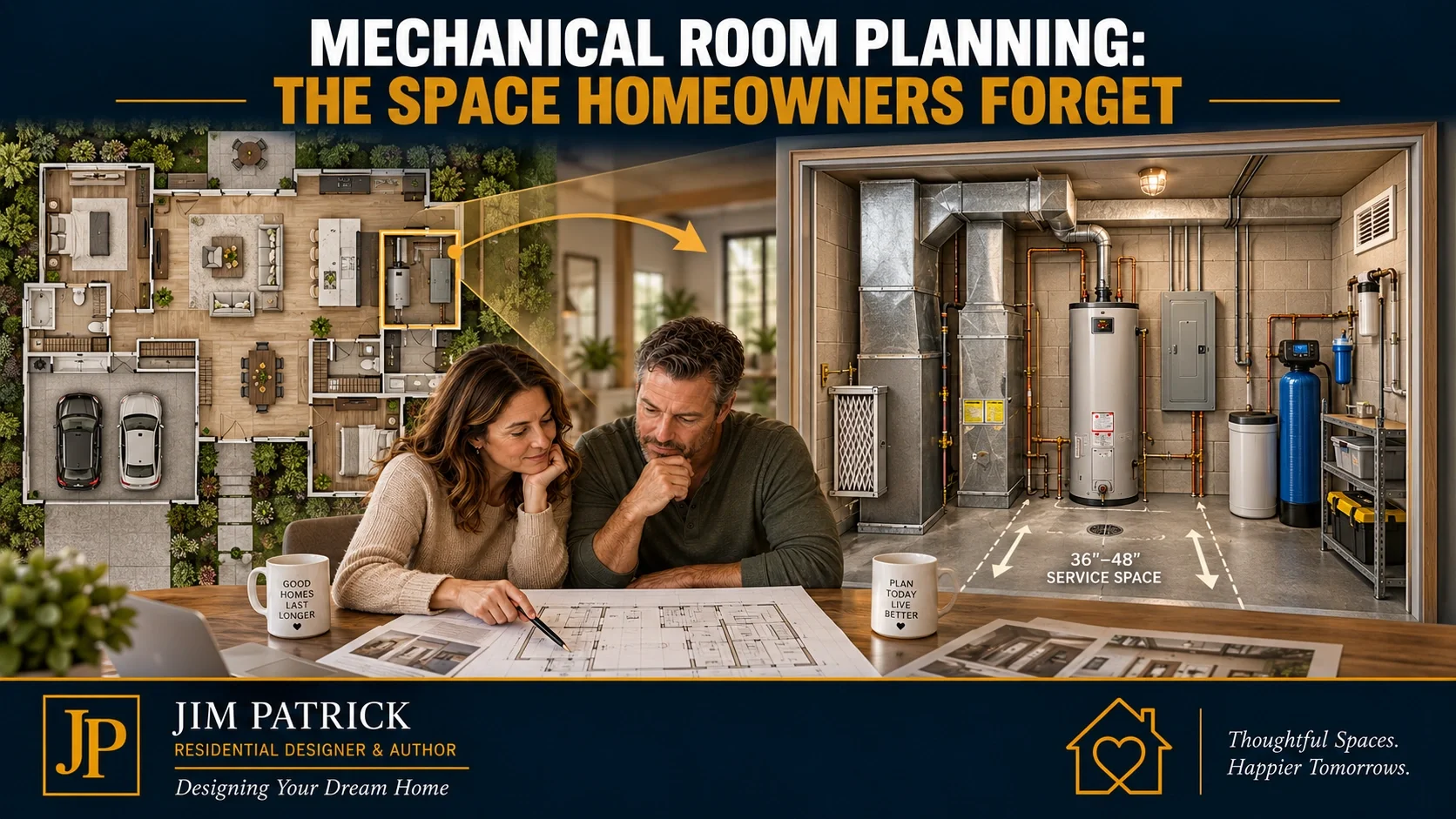 Residential mechanical room design showing coordinated HVAC, water heating, electrical, filtration, drainage and service access.