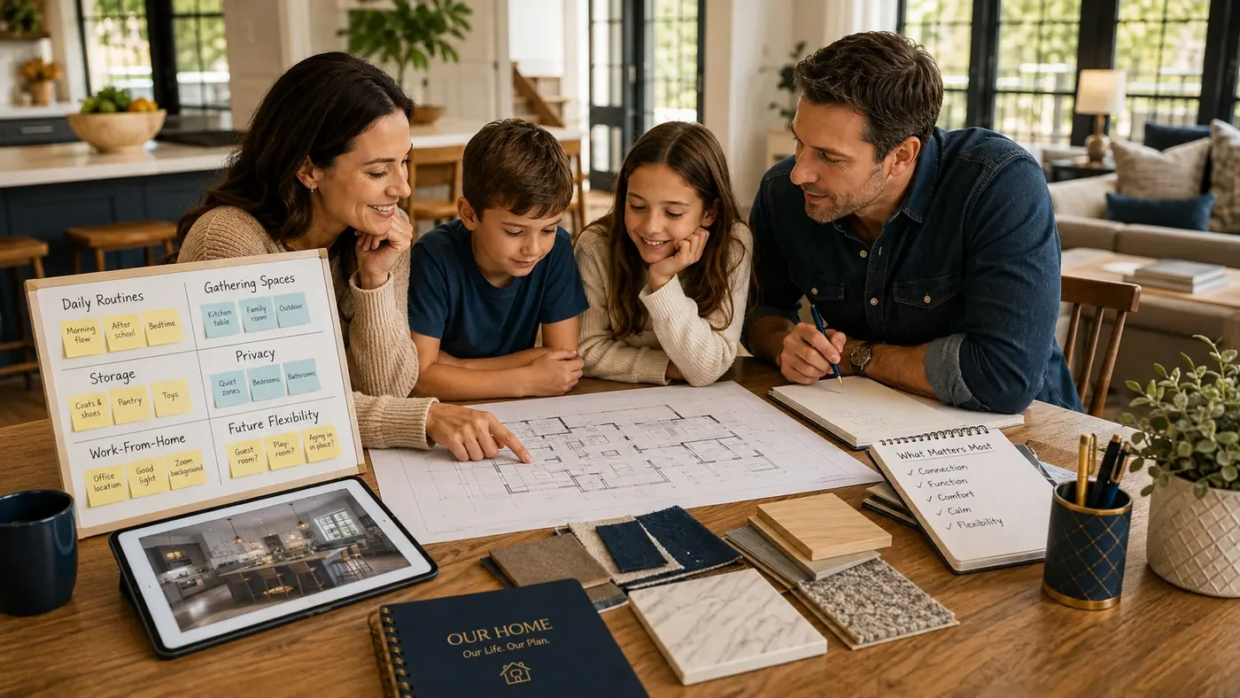 Family reviewing a floor plan, lifestyle notes, storage needs, and home design ideas at a table in a bright modern home.