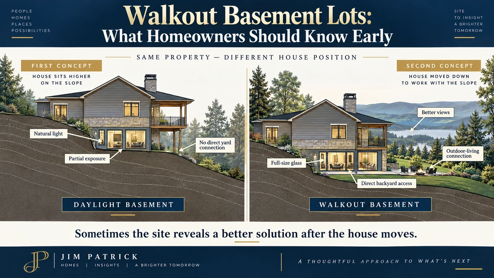Architectural comparison showing how repositioning a house on the same sloped property can change a daylight basement into a walkout lower-level family room with direct backyard access.