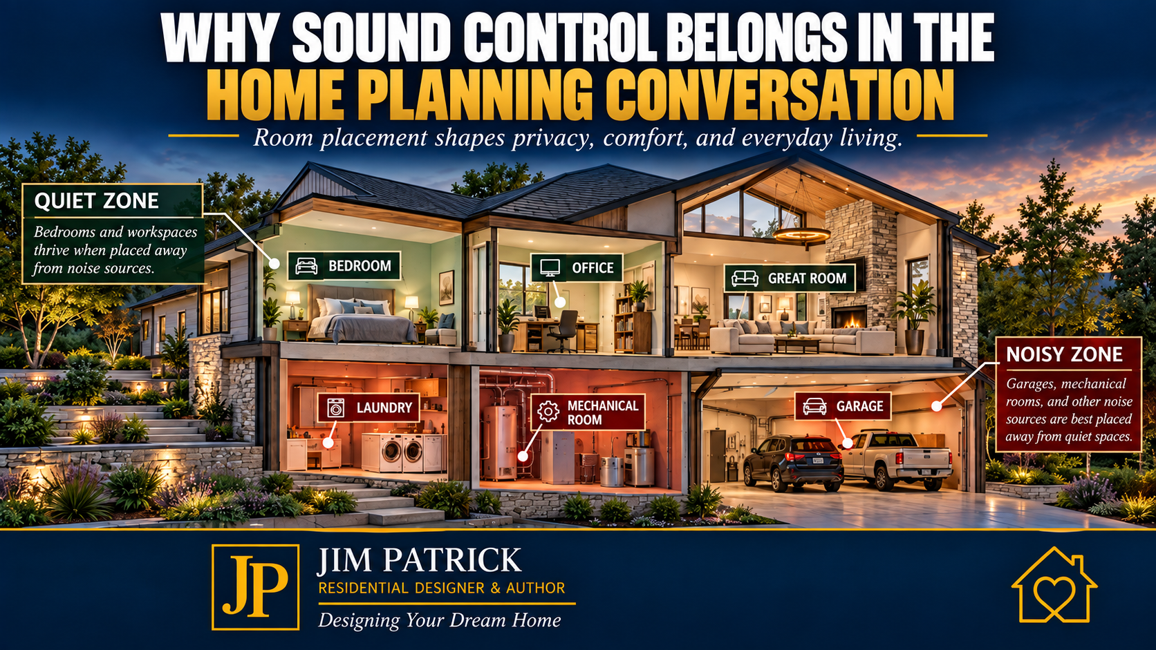 Cutaway home illustration showing how room placement affects sound control, privacy, and everyday comfort.