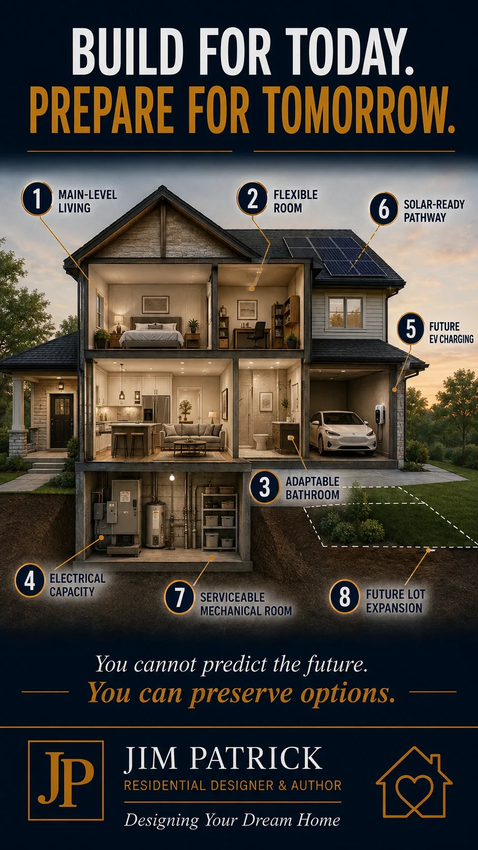 Future-ready home design graphic showing flexible rooms, main-level living, adaptable bathrooms, electrical capacity, EV charging, solar readiness and mechanical access.