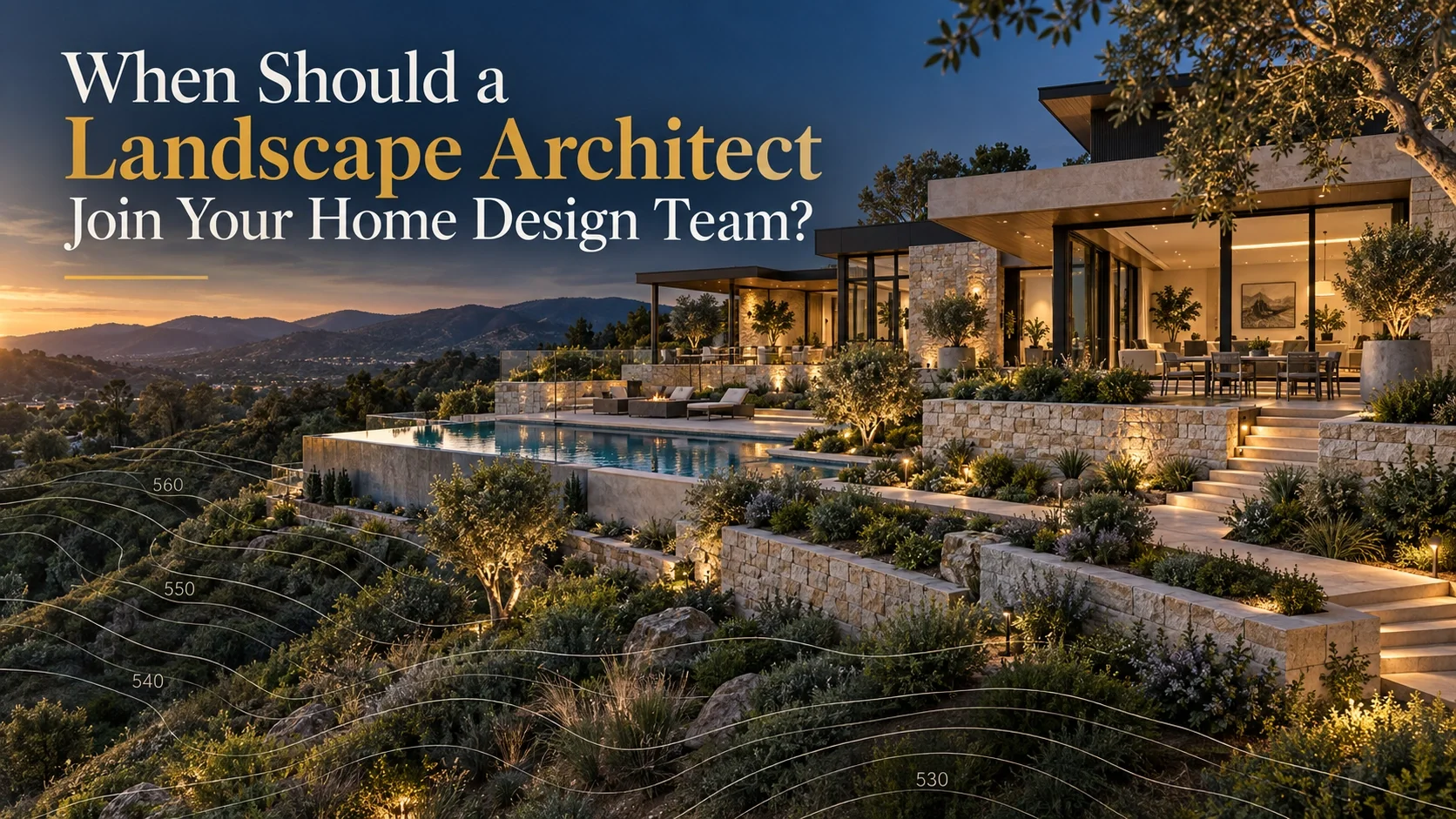 Sloped residential property showing coordinated house design, retaining walls, pool, terraces, grading and landscape architecture.