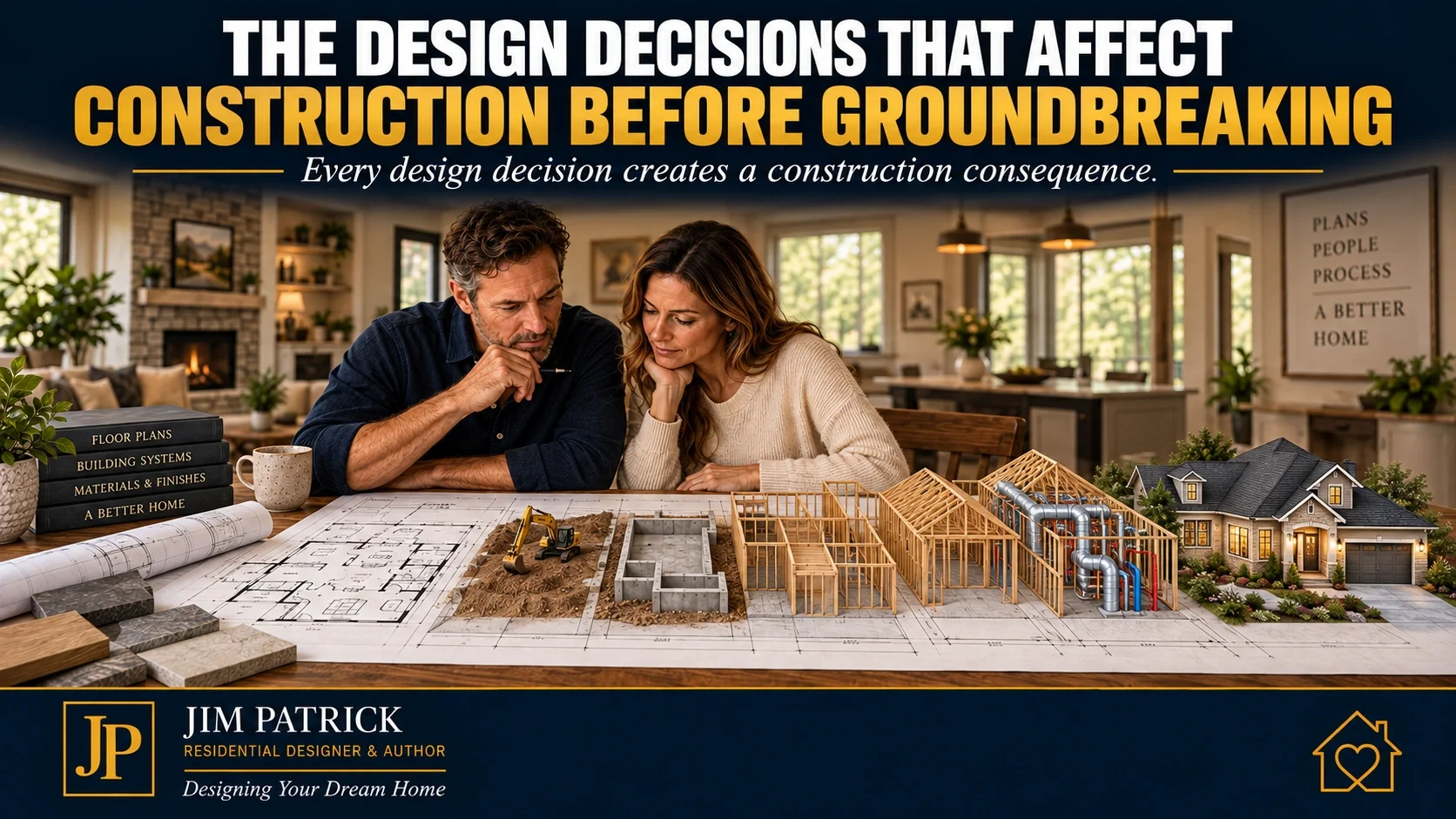 Residential plans transitioning through excavation, foundation, framing and mechanical construction to illustrate preconstruction planning.