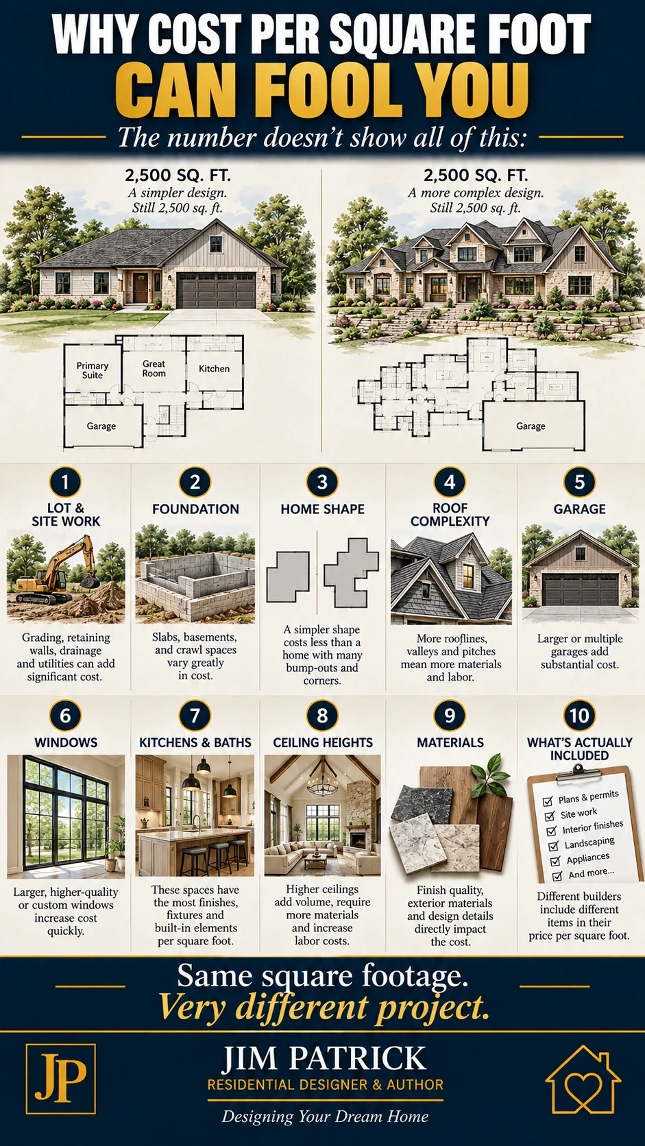Cost per square foot building house infographic showing ten factors including site work, foundation, roof, garage, windows, kitchens, materials and estimate scope.