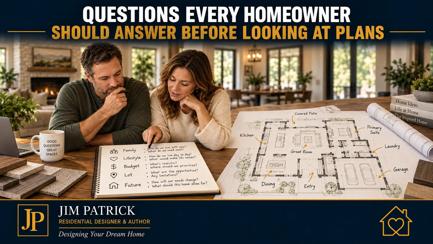 Home planning process moving from homeowner questions and priorities to a residential floor plan.