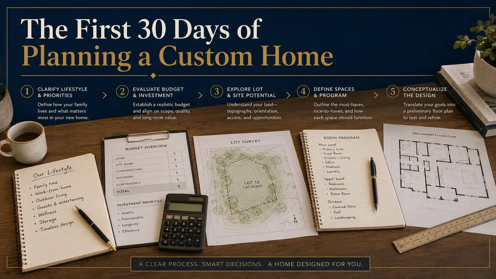 Step-by-step custom home planning process moving from family and budget planning through lot analysis and preliminary home design.
