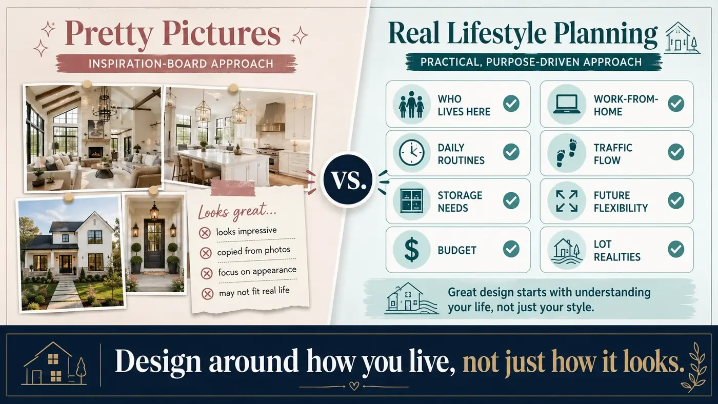 Infographic comparing pretty picture inspiration with real lifestyle planning, showing why home design should be based on daily routines, storage, budget, traffic flow, future flexibility, and lot realities.