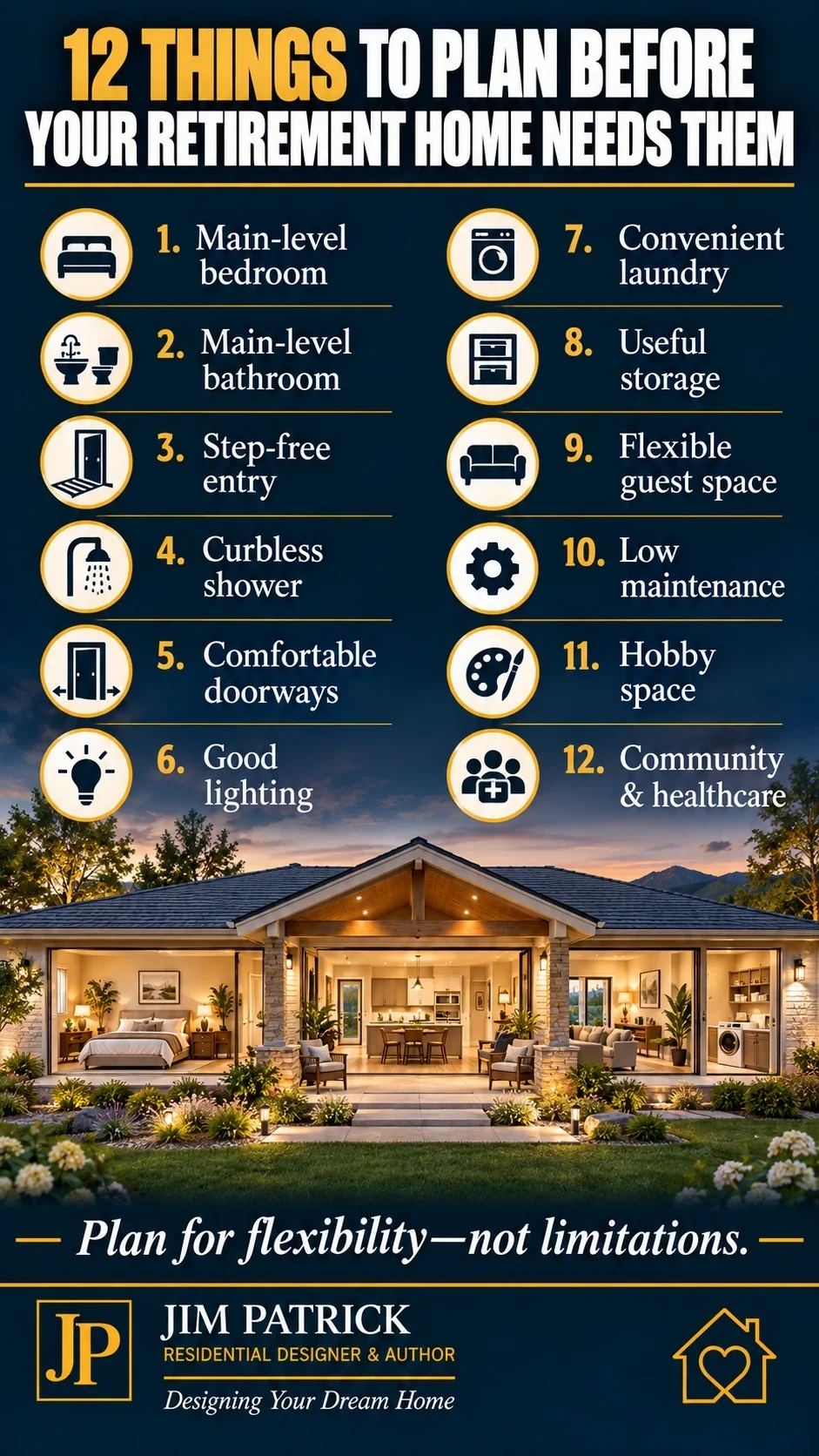 Retirement home planning infographic showing twelve design considerations including main-level living, step-free entry, curbless shower, storage, low maintenance and flexible space.