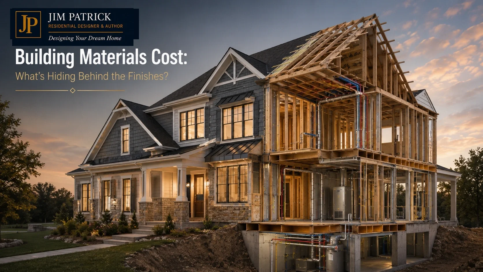 Finished custom home transitioning into exposed foundation, wall framing, floor system, roof structure, and mechanical components to show hidden building material costs behind the completed exterior.