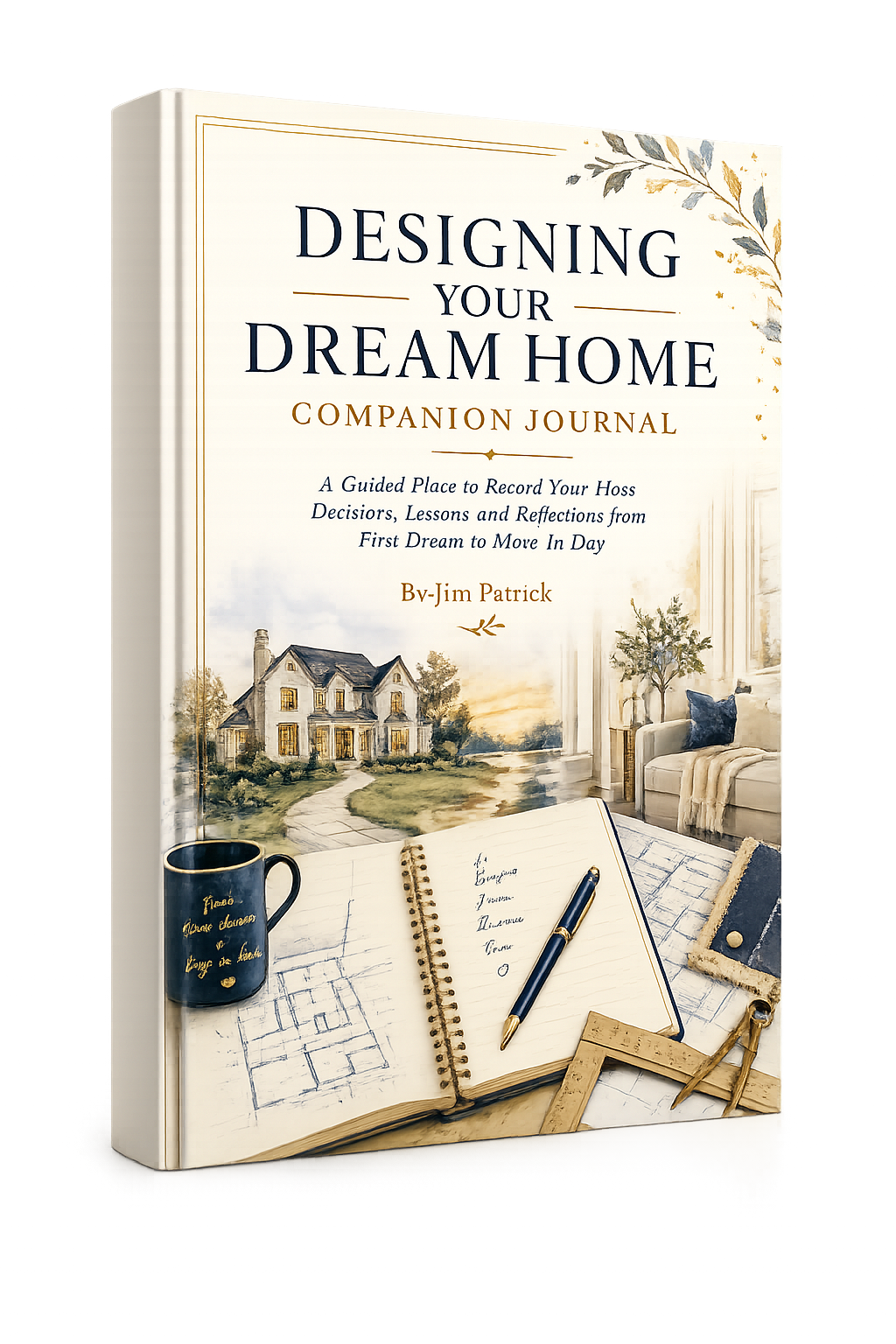Book titled 'Designing Your Dream Home Companion Journal' featuring illustrations of a house, a notebook with handwritten notes, a pen, a coffee mug, and architectural tools inside a room with a living room and large windows.
