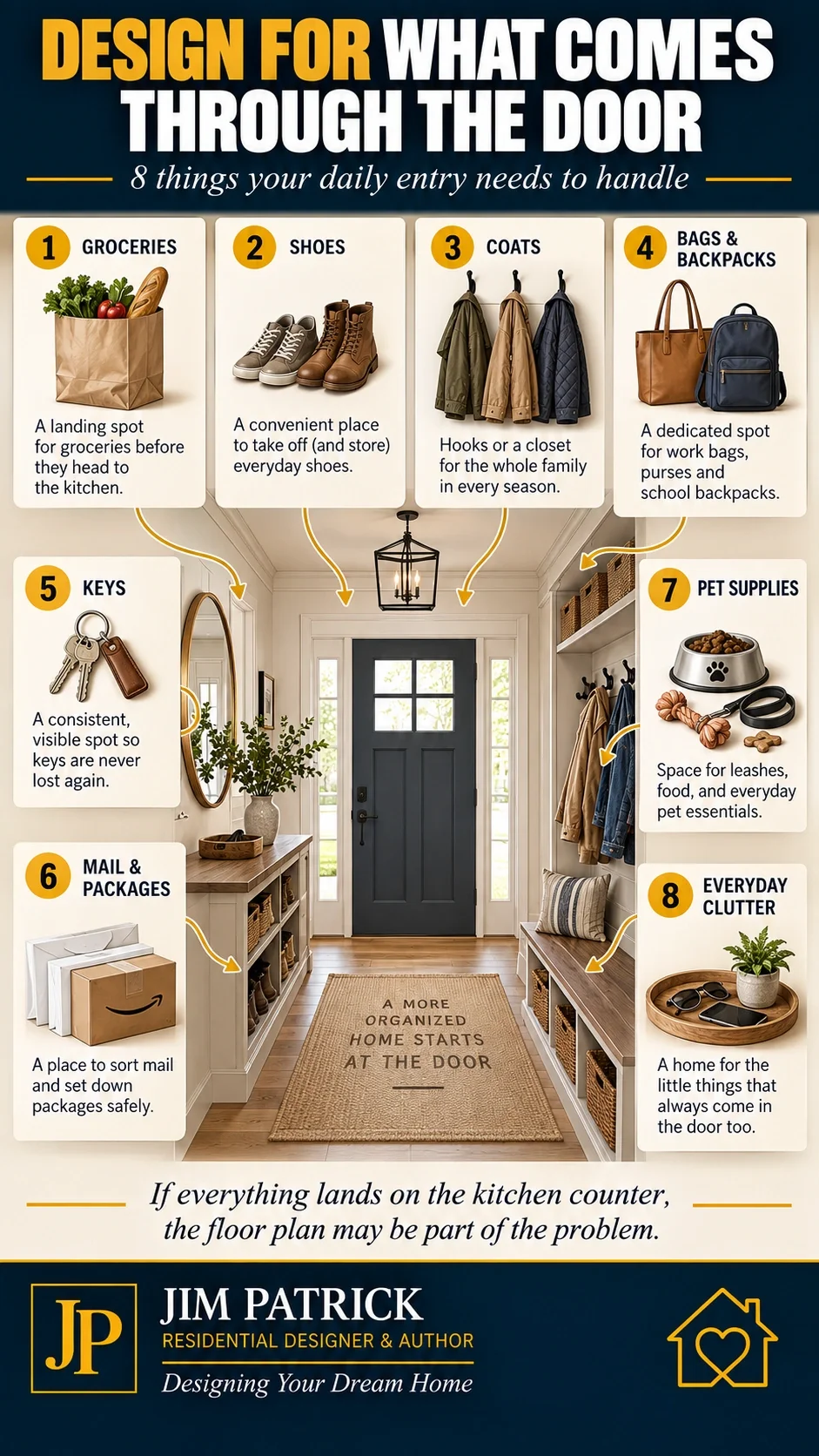 Home entry design infographic showing storage needs for groceries, shoes, coats, backpacks, keys, mail, packages and pet supplies.